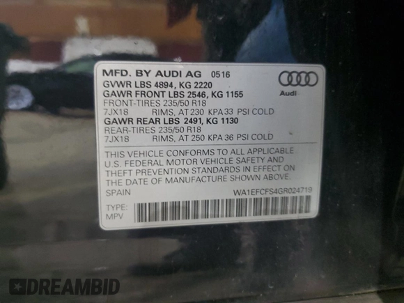 2016 Audi Q3 Premium Plus with VIN WA1EFCFS4GR024719, listed as a Copart auction lot 62001785 with 63,837 mi miles and Salvage title. Bid and sale history available at DreamBid. Image 13.