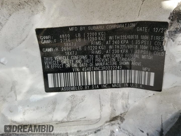 2024 Subaru Outback Limited с VIN 4S4BTANC3R3222242, выставлен на аукционе Copart как лот 53520015 с пробегом 13 539 миль миль и Списание • Salvage title. История ставок и продаж доступна на DreamBid. Изображение 13.