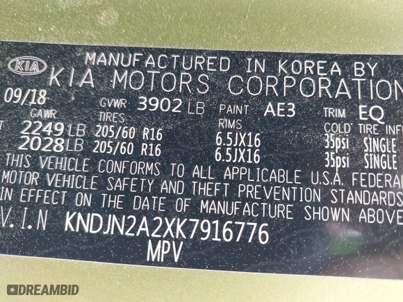 2019 Kia Soul with VIN KNDJN2A2XK7916776, listed as a IAAI auction lot 41933273 with 14,296 mi miles. Bid and sale history available at carsss.com. Image 8.