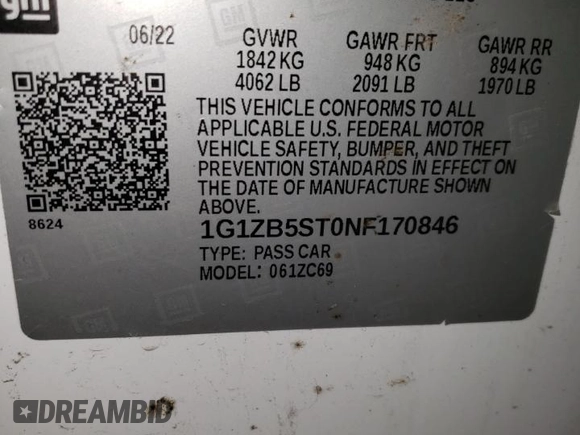 2022 Chevrolet Malibu LS with VIN 1G1ZB5ST0NF170846, listed as a Copart auction lot 54180475 with 92,787 mi miles and Clean Title. Bid and sale history available at DreamBid. Image 12.