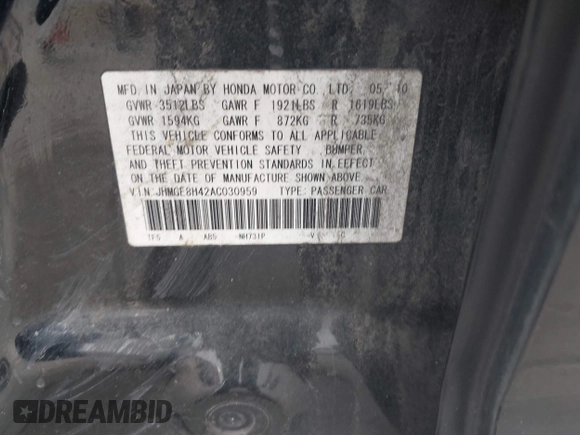2010 Honda Fit Sport with VIN JHMGE8H42AC030959, listed as a IAAI auction lot 41908986 with 188,046 mi miles. Bid and sale history available at carsss.com. Image 9.