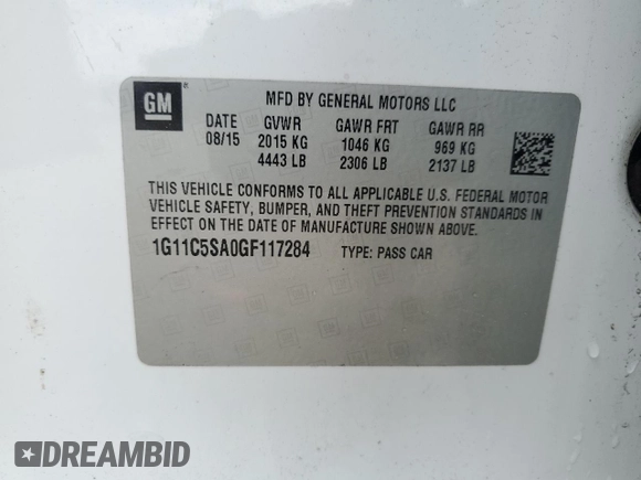 2016 Chevrolet Malibu LT with VIN 1G11C5SA0GF117284, listed as a Copart auction lot 54549785 with 209,068 mi miles and Clean Title. Bid and sale history available at DreamBid. Image 12.