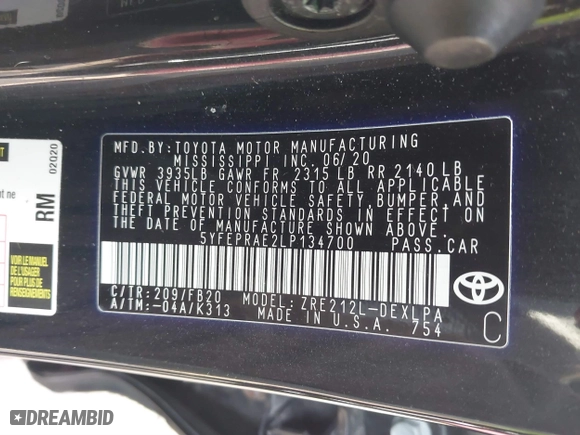 2020 Toyota Corolla LE with VIN 5YFEPRAE2LP134700, listed as a IAAI auction lot 41762037 with 46,698 mi miles. Bid and sale history available at carsss.com. Image 9.