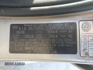 2009 Kia Spectra LX z VIN KNAFE222995618257, wystawiony jako Copart lot #56179025 z przebiegiem 270 087 mil mil oraz Szkoda całkowita • Salvage title. Historia ofert i sprzedaży dostępna na DreamBid. Obrazek 12.