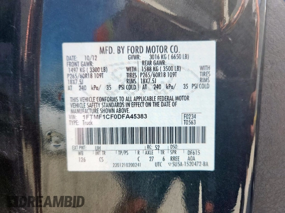 2013 Ford F-150 XL with VIN 1FTMF1CF0DFA45383, listed as a Copart auction lot 61390925 with 153,705 mi miles and Salvage title. Bid and sale history available at DreamBid. Image 12.