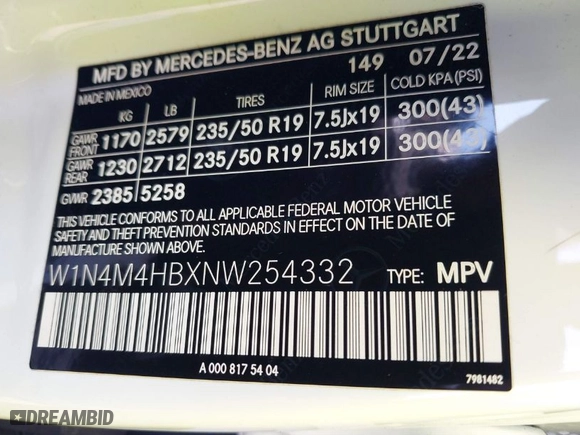 2022 Mercedes-Benz GLB with VIN W1N4M4HBXNW254332, listed as a IAAI auction lot 41728049 with 15,959 mi miles. Bid and sale history available at carsss.com. Image 9.