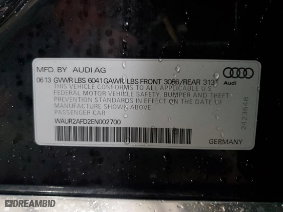 2014 Audi A8 L 4.0T with VIN WAUR2AFD2EN002700, listed as a Copart auction lot 45906485 with 149,935 mi miles and Salvage Title. Bid and sale history available at carsss.com. Image 12.