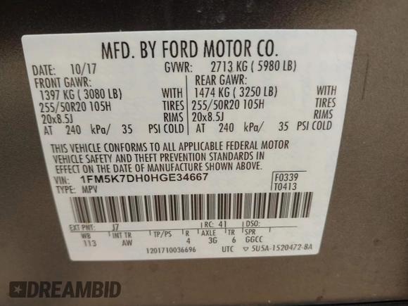 2017 Ford Explorer XLT with VIN 1FM5K7DH0HGE34667, listed as a IAAI auction lot 42401293 with 149,253 mi miles and . Bid and sale history available at DreamBid. Image 9.