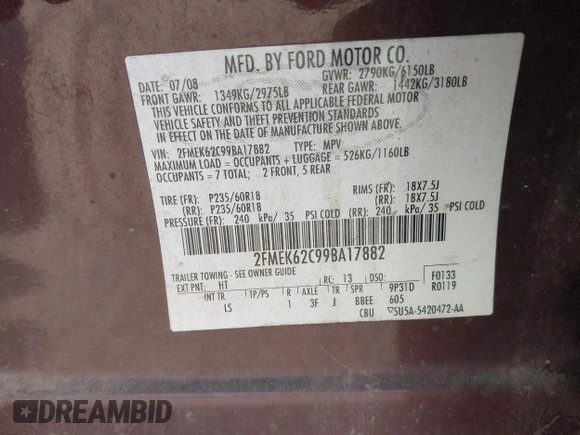 2009 Ford Flex SEL with VIN 2FMEK62C99BA17882, listed as a IAAI auction lot 42072947 with 170,054 mi miles. Bid and sale history available at carsss.com. Image 9.