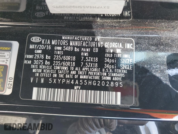 2017 Kia Sorento EX with VIN 5XYPH4A55HG202895, listed as a Copart auction lot 55296035 with 205,437 mi miles and Salvage title. Bid and sale history available at DreamBid. Image 13.