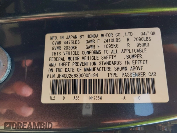 2009 Acura TSX with VIN JH4CU26639C005194, listed as a IAAI auction lot 42591666 with 163,016 mi miles and . Bid and sale history available at DreamBid. Image 9.