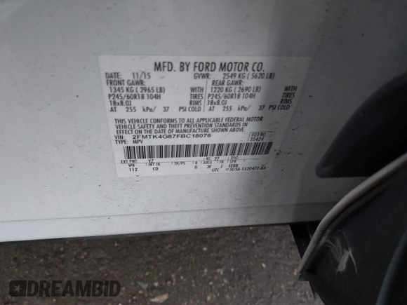 2015 Ford Edge SE z VIN 2FMTK4G87FBC18076, wystawiony jako IAAI lot #42536718 z przebiegiem 180 790 mil mil oraz . Historia ofert i sprzedaży dostępna na DreamBid. Obrazek 9.