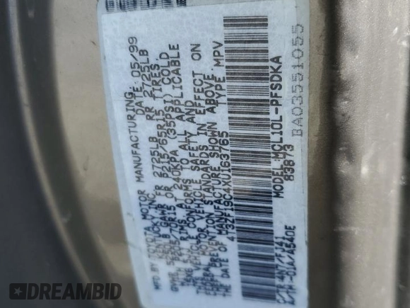 1999 Toyota Sienna CE z VIN 4T3ZF19C4XU163765, wystawiony jako Copart lot #54405805 z przebiegiem Nie podano mil oraz Szkoda całkowita • Salvage title. Historia ofert i sprzedaży dostępna na DreamBid. Obrazek 13.