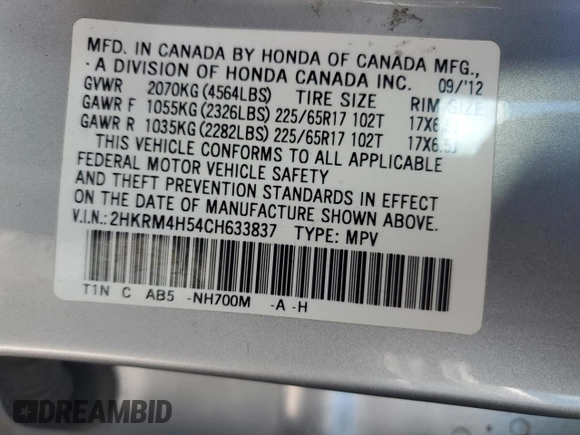 2012 Honda CR-V EX z VIN 2HKRM4H54CH633837, wystawiony jako Copart lot #56983565 z przebiegiem 130 738 mil mil oraz Szkoda całkowita • Salvage title. Historia ofert i sprzedaży dostępna na DreamBid. Obrazek 13.