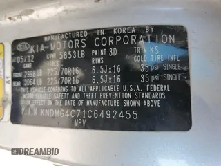 2012 Kia Sedona LX with VIN KNDMG4C71C6492455, listed as a Copart auction lot 63077744 with 210,306 mi miles and Salvage Title. Bid and sale history available at carsss.com. Image 13.