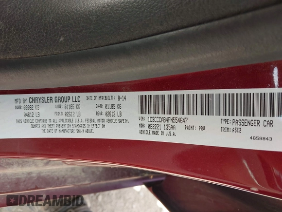 2015 Chrysler 200 Limited with VIN 1C3CCCAB4FN554647, listed as a IAAI auction lot 42535164 with 101,055 mi miles and . Bid and sale history available at DreamBid. Image 9.