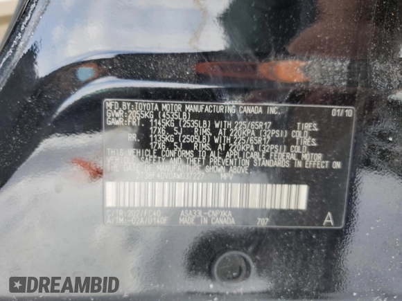 2010 Toyota RAV4 with VIN 2T3BF4DV0AW037227, listed as a Copart auction lot 44082985 with 259,306 mi miles and Clean Title. Bid and sale history available at carsss.com. Image 13.