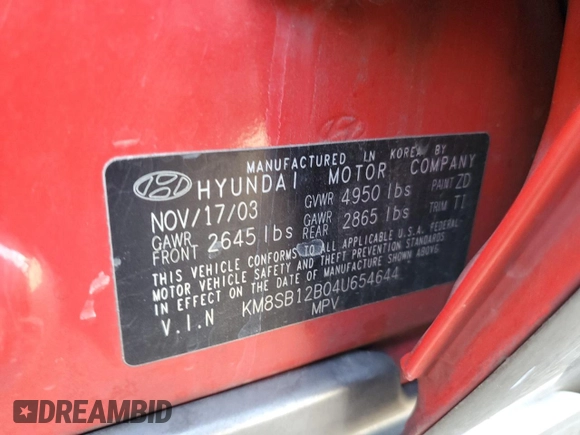 2004 Hyundai Santa Fe with VIN KM8SB12B04U654644, listed as a Copart auction lot 72450374 with 139,839 mi miles and Salvage Title. Bid and sale history available at carsss.com. Image 15.