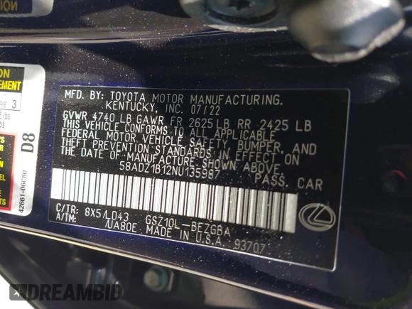 2022 Lexus ES 350 z VIN 58ADZ1B12NU135987, wystawiony jako IAAI lot #42216317 z przebiegiem 55 515 mil mil oraz . Historia ofert i sprzedaży dostępna na DreamBid. Obrazek 9.