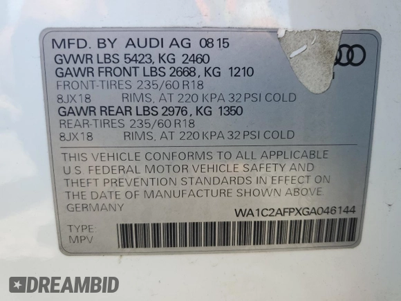 2016 Audi Q5 Premium with VIN WA1C2AFPXGA046144, listed as a Copart auction lot 56632395 with 79,147 mi miles and Salvage title. Bid and sale history available at DreamBid. Image 13.