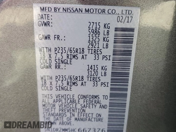 2017 Nissan Pathfinder Platinum with VIN 5N1DR2MM5HC667376, listed as a Copart auction lot 53351515 with 136,530 mi miles and Clean title. Bid and sale history available at DreamBid. Image 13.