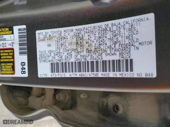 2012 Toyota Tacoma PreRunner with VIN 3TMKU4HN1CM031537, listed as a Copart auction lot 87633745 with NaN miles and Salvage Title. Bid and sale history available at carsss.com. Image 13.