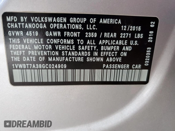 2016 Volkswagen Passat SE z VIN 1VWBT7A38GC024909, wystawiony jako Copart lot #56113765 z przebiegiem 30 096 mil mil oraz Szkoda całkowita • Salvage title. Historia ofert i sprzedaży dostępna na DreamBid. Obrazek 12.