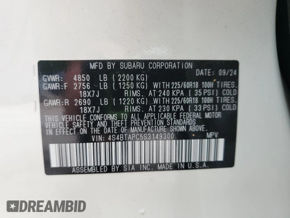 2025 Subaru Outback Touring with VIN 4S4BTAPC5S3149300, listed as a Copart auction lot 58577175 with 4,256 mi miles and Salvage title. Bid and sale history available at DreamBid. Image 13.
