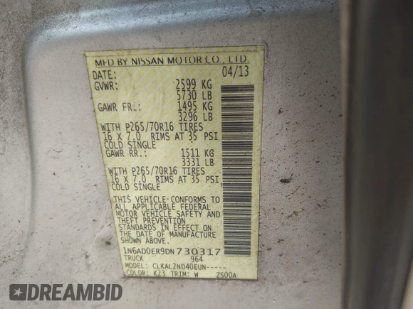 2013 Nissan Frontier SV with VIN 1N6AD0ER9DN730317, listed as a IAAI auction lot 42638618 with 200,124 mi miles and . Bid and sale history available at DreamBid. Image 9.