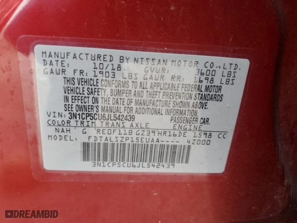 2018 Nissan Kicks SV with VIN 3N1CP5CU6JL542439, listed as a Copart auction lot 48777755 with 128,906 mi miles and Salvage Title. Bid and sale history available at carsss.com. Image 13.