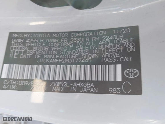 2021 Toyota Prius Prime LE with VIN JTDKAMFP2M3177445, listed as a IAAI auction lot 41408418 with 44,975 mi miles. Bid and sale history available at carsss.com. Image 9.