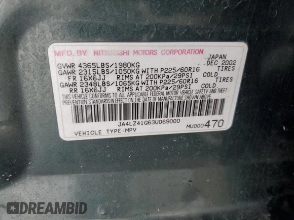 2003 Mitsubishi Outlander XLS with VIN JA4LZ41G63U069000, listed as a Copart auction lot 44529165 with 248,957 mi miles and Salvage Title. Bid and sale history available at carsss.com. Image 15.