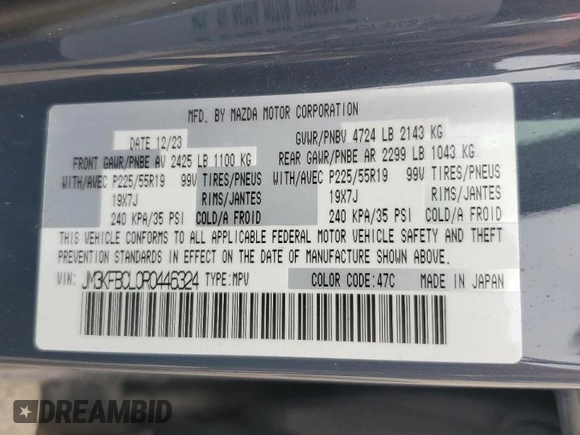 2024 Mazda CX-5 S Carbon Edition z VIN JM3KFBCL0R0446324, wystawiony jako Copart lot #54892965 z przebiegiem 17 146 mil mil oraz Szkoda całkowita • Salvage title. Historia ofert i sprzedaży dostępna na DreamBid. Obrazek 13.