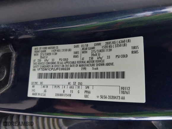 2018 Ford F-150 XL with VIN 1FTEW1CP2JFC00220, listed as a IAAI auction lot 41557424 with 263,032 mi miles. Bid and sale history available at carsss.com. Image 9.
