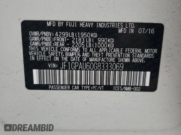 2016 Subaru Impreza Special Sports Limited z VIN JF1GPAU60G8333069, wystawiony jako Copart lot #43545005 z przebiegiem 131 004 mil mil oraz Szkoda całkowita • Salvage title. Historia ofert i sprzedaży dostępna na DreamBid. Obrazek 16.