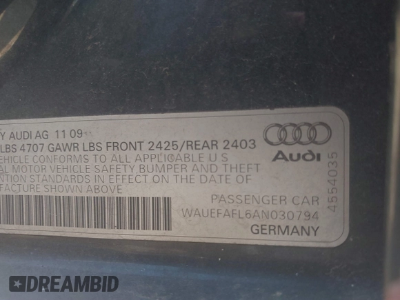 2010 Audi A4 2.0T Premium Plus with VIN WAUEFAFL6AN030794, listed as a IAAI auction lot 40489780 with 100,718 mi miles. Bid and sale history available at carsss.com. Image 9.