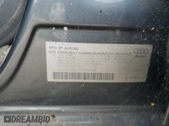 2005 Audi S4 z VIN WAUPL68E75A010595, wystawiony jako Copart lot #68475244 z przebiegiem 174 380 mil mil oraz Czysty tytuł • Clean title. Historia ofert i sprzedaży dostępna na DreamBid. Obrazek 12.