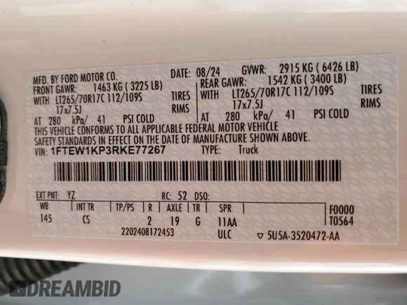 2024 Ford F-150 z VIN 1FTEW1KP3RKE77267, wystawiony jako Copart lot #53138905 z przebiegiem 11 781 mil mil oraz Szkoda całkowita • Salvage title. Historia ofert i sprzedaży dostępna na DreamBid. Obrazek 12.