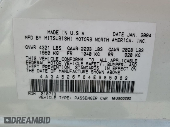 2004 Mitsubishi Galant DE with VIN 4A3AB26F64E085082, listed as a Copart auction lot 52457665 with 175,956 mi miles and Salvage Title. Bid and sale history available at carsss.com. Image 12.