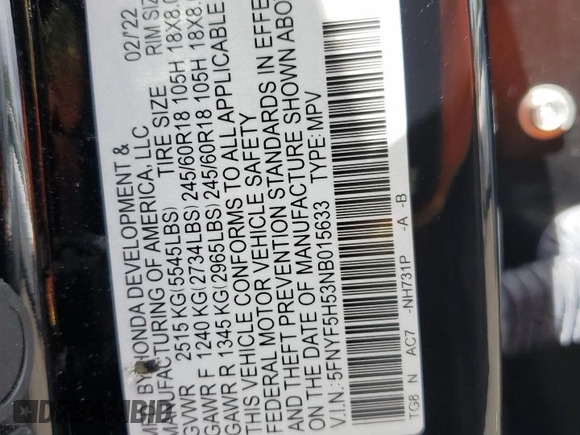 2022 Honda Pilot EX-L with VIN 5FNYF5H53NB015633, listed as a Copart auction lot 54150005 with 99,950 mi miles and Salvage title. Bid and sale history available at DreamBid. Image 13.