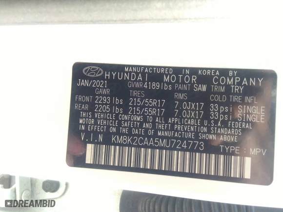 2021 Hyundai Kona SEL with VIN KM8K2CAA5MU724773, listed as a IAAI auction lot 41647534 with 83,667 mi miles. Bid and sale history available at carsss.com. Image 9.