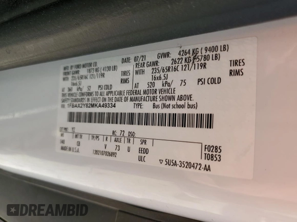 2021 Ford Transit Passenger XL с VIN 1FBAX2Y82MKA49334, выставлен на аукционе Copart как лот 86978324 с пробегом 81 468 миль миль и Чистый • Clean title. История ставок и продаж доступна на DreamBid. Изображение 13.