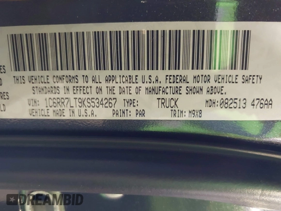 2019 Ram 1500 Warlock z VIN 1C6RR7LT9KS534267, wystawiony jako IAAI lot #42289167 z przebiegiem 110 180 mil mil oraz . Historia ofert i sprzedaży dostępna na DreamBid. Obrazek 9.
