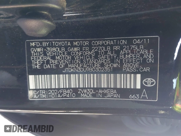 2011 Toyota Prius I with VIN JTDKN3DU9B0302351, listed as a IAAI auction lot 41833063 with 93,635 mi miles. Bid and sale history available at carsss.com. Image 9.