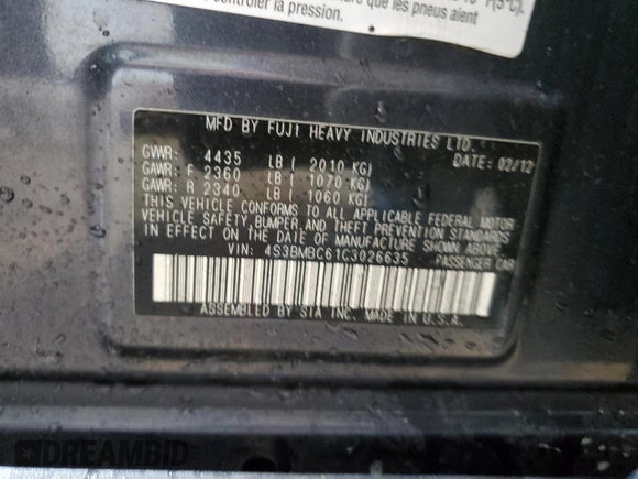 2012 Subaru Legacy Premium with VIN 4S3BMBC61C3026635, listed as a Copart auction lot 61978205 with 138,506 mi miles and Salvage title. Bid and sale history available at DreamBid. Image 13.