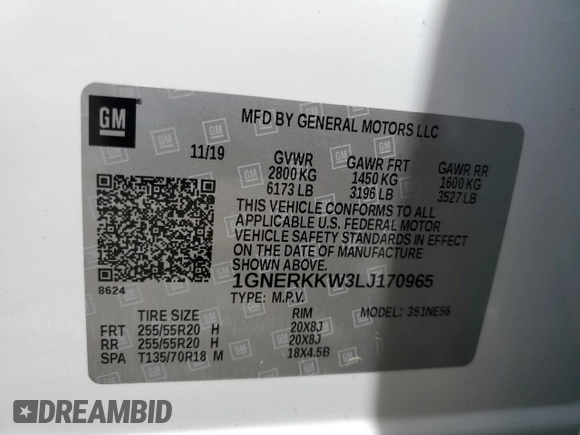 2020 Chevrolet Traverse Premier with VIN 1GNERKKW3LJ170965, listed as a Copart auction lot 51482875 with 68,429 mi miles and Salvage title. Bid and sale history available at DreamBid. Image 13.