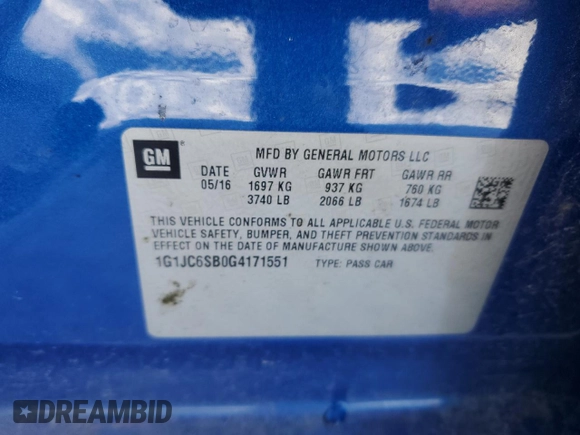 2016 Chevrolet Sonic LT with VIN 1G1JC6SB0G4171551, listed as a Copart auction lot 41463275 with 75,606 mi miles and Salvage Title. Bid and sale history available at carsss.com. Image 12.