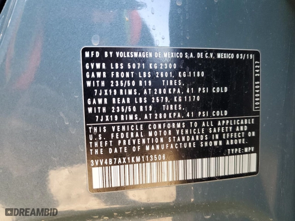 2019 Volkswagen Tiguan SEL Premium with VIN 3VV4B7AX1KM113506, listed as a Copart auction lot 42247965 with 81,559 mi miles and Salvage Title. Bid and sale history available at carsss.com. Image 16.