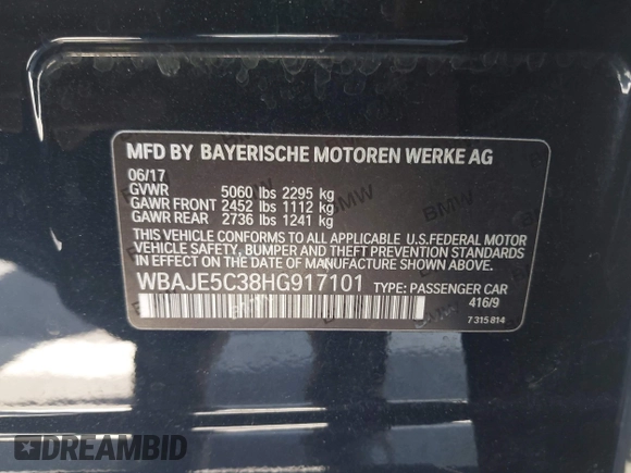 2017 BMW 5 Series 540i with VIN WBAJE5C38HG917101, listed as a IAAI auction lot 42047417 with 96,958 mi miles and . Bid and sale history available at DreamBid. Image 9.