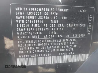 2017 Volkswagen Tiguan S with VIN WVGBV7AX9HK018085, listed as a IAAI auction lot 41804052 with 71,943 mi miles and . Bid and sale history available at DreamBid. Image 9.